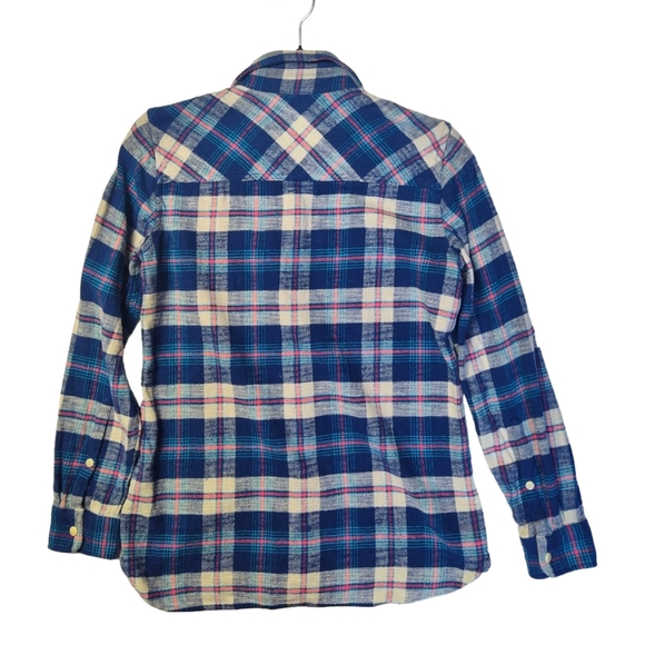 J Crew Flannel Shirt Womens Size 0 Plaid‎ 100% Cotton Blue Pink Cozy Classic - Picture 2 of 9